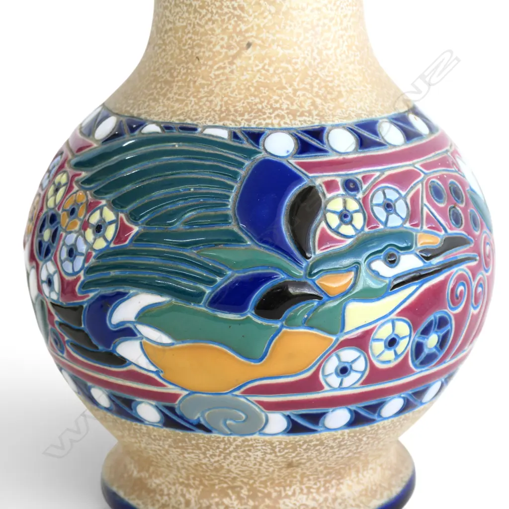 1920'S ART DECO BOHEMIAN CERAMIC CAMPINA AMPHORA VASE WITH KINGFISHER BIRD, STAMP TO BASE MODEL,H.300MM Image 1++