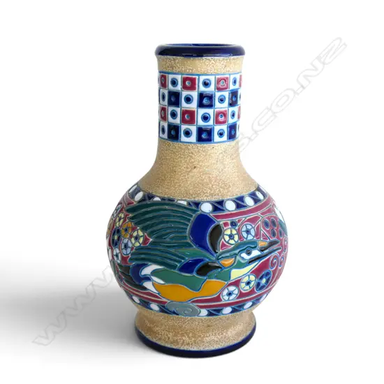 1920'S ART DECO BOHEMIAN CERAMIC CAMPINA AMPHORA VASE WITH KINGFISHER BIRD, STAMP TO BASE MODEL,H.300MM