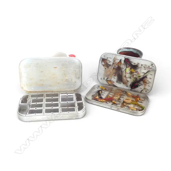 2 VINTAGE ALUMINIUM FLY BOXES & CONTENTS L155MM