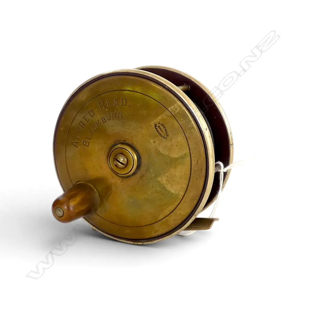 ANTIQUE BRASS SALMON REEL ALFRED READ OF BLACKBURN MAKER DIA100MM Image 1++