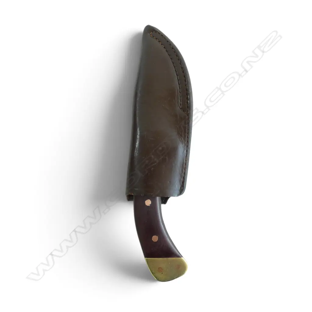 SMALL HUNTING KNIFE curved blade, wood handle, brass pomel & guard w. leather sheath L.240mm Image 1++