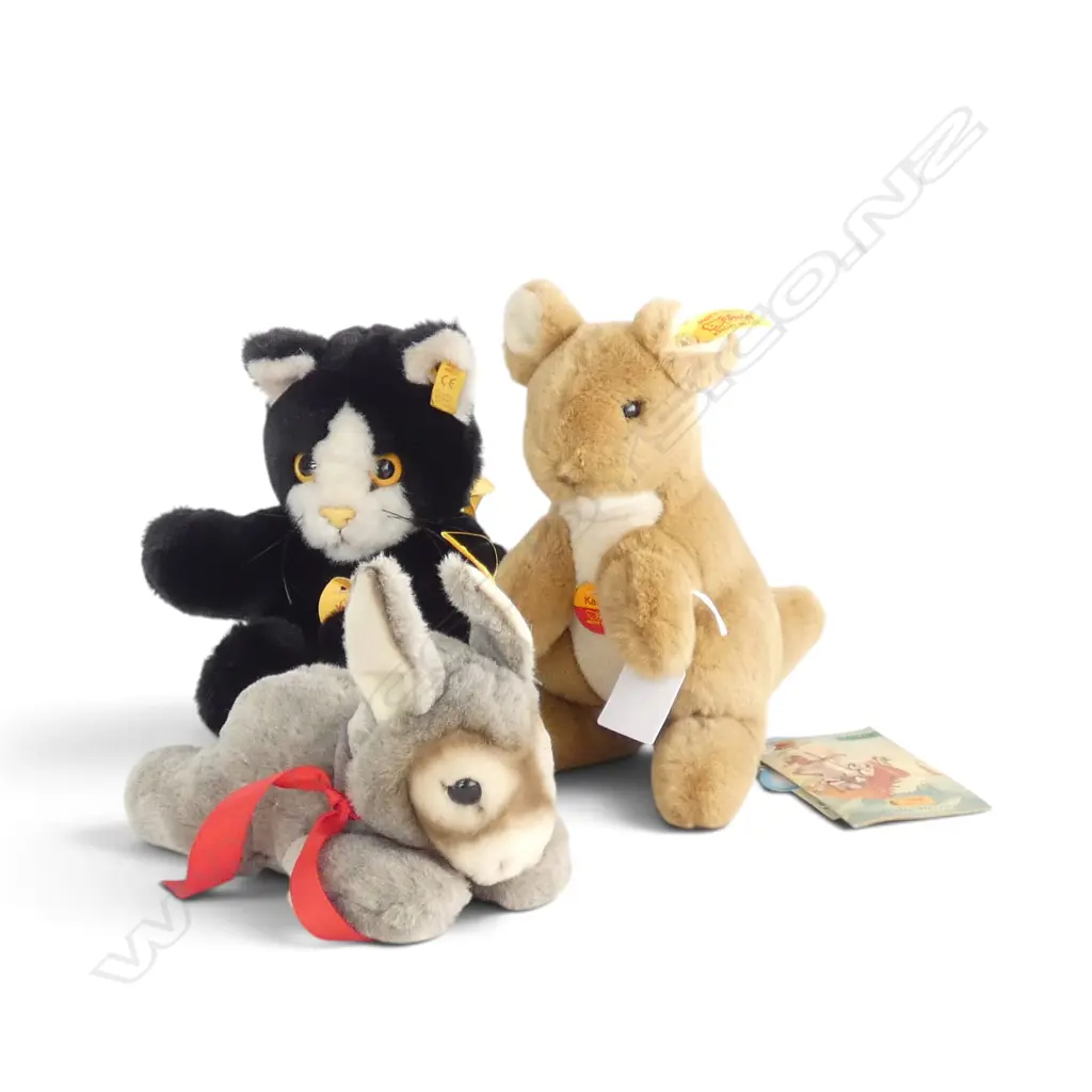 3 VINTAGE STEIFF SOFT TOYS; KANGAROO, CAT & DONKEY H.160mm Image 1++