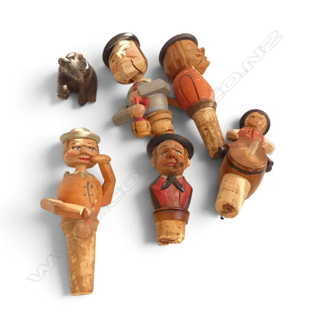 5 VINTAGE CHARACTER BOTTLE STOPERS H.130mm + CARVED BEAR Image 1++