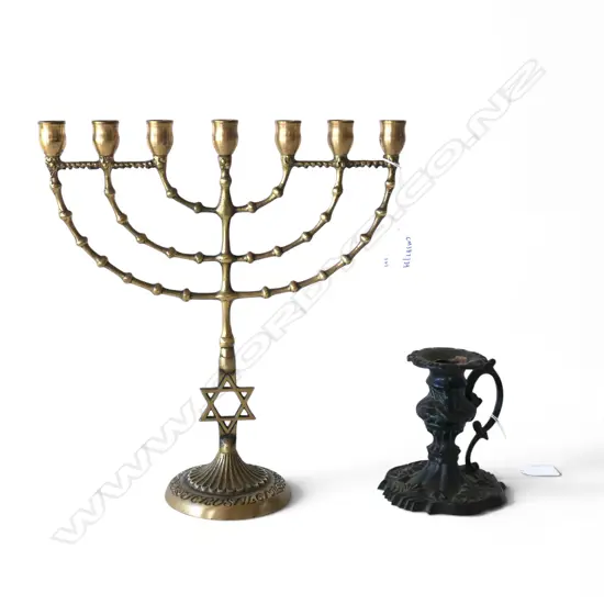 VINTAGE BRONZE CANDLE HOLDER H120MM & BRASS MENORAH H320MM