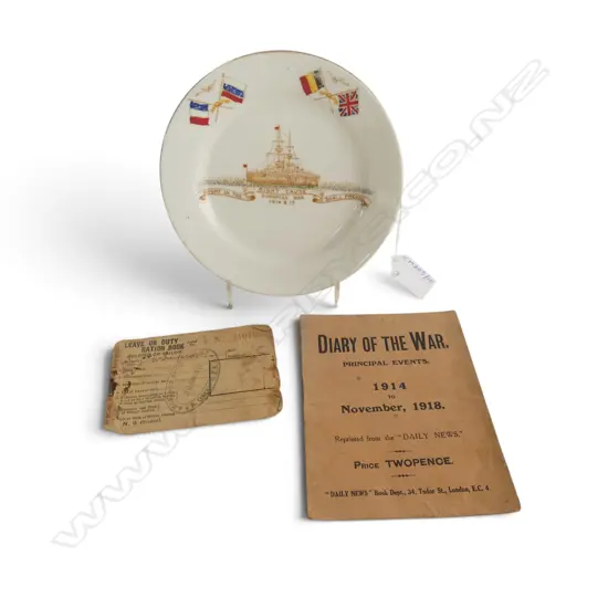 WWI RATION BOOK 1919 A. GROUP NZEF, 1918 DIARY OF THE WAR, & ALLIES PLATE 1914/15 (small chip at back), Dia.155mm