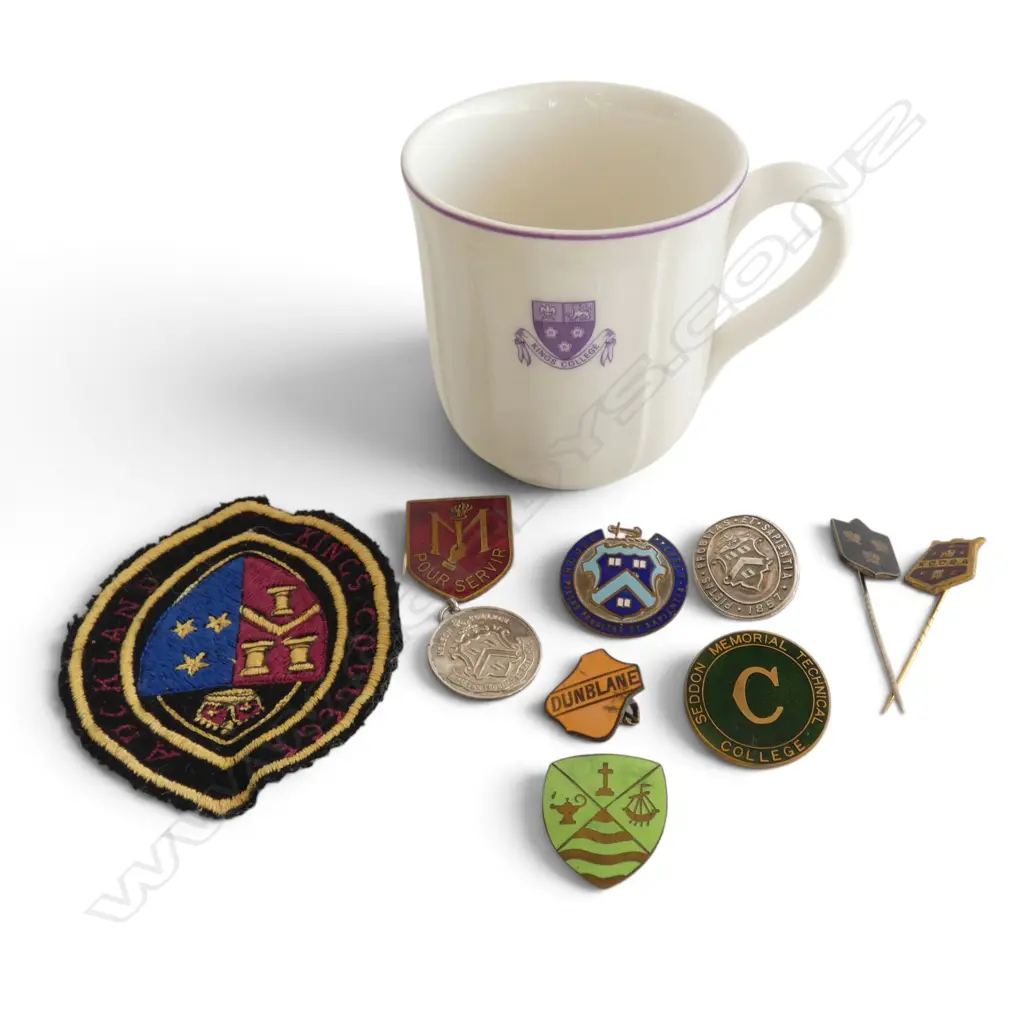 COLLECTION OF NZ SCHOOL & COLLEGE BADGES IN 1992 ROYAL DOULTON KINGS COLLEGE MUG Image 1++