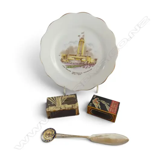 1840-1940 NZ CENTENNIAL EXHIBITION – 2 MATCHBOX HOLDERS, PLATE, & BUTTER KNIFE, Dia.160mm