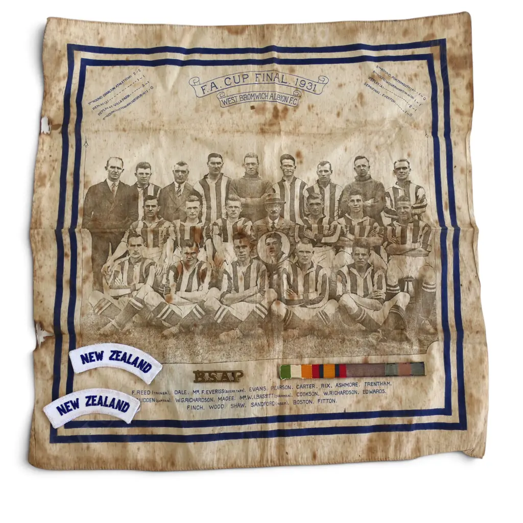 BAG OF NZ POLICE UNIFORM PATCHES, MEDAL STRIPE BAR, 'BSAP' BADGE AND FOOTBALL HANKERCHIEF WEST BROM ALBION 1931 Image 1++