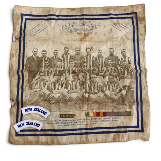 BAG OF NZ POLICE UNIFORM PATCHES, MEDAL STRIPE BAR, 'BSAP' BADGE AND FOOTBALL HANKERCHIEF WEST BROM ALBION 1931