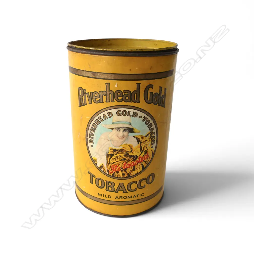 NZ PORT AHURIRI ‘RIVERHEAD GOLD TOBACCO TIN’ NATIONAL TOBACCO CO LTD, H.175mm Dia.110mm Image 1++
