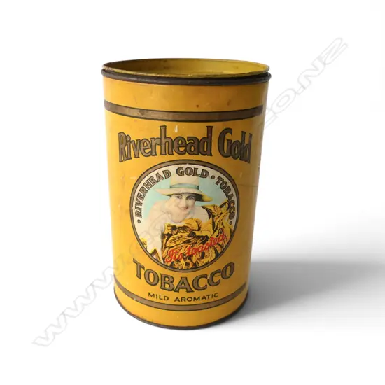 NZ PORT AHURIRI ‘RIVERHEAD GOLD TOBACCO TIN’ NATIONAL TOBACCO CO LTD, H.175mm Dia.110mm