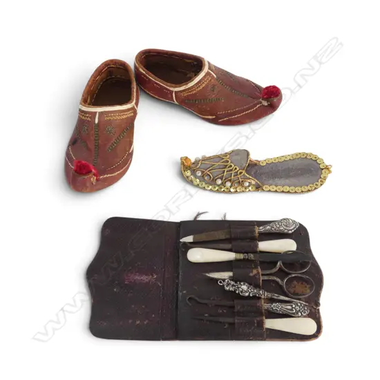SMALL TURKISH SLIPPERS AND A SILVER ETC MANICURE SET
