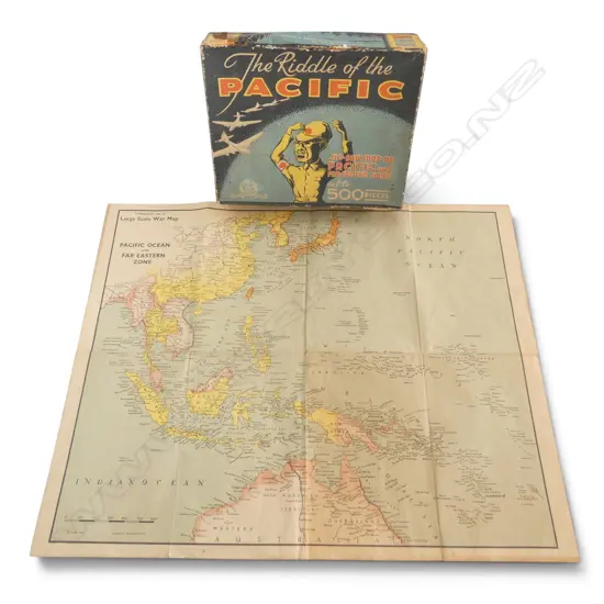 WWII NZ MADE JIGSAW PUZZLE ‘MAP OF PACIFIC & FAR EASTERN ZONES’ w. PAPER MAP, W.J.LTD 1943, L.255mm (box)