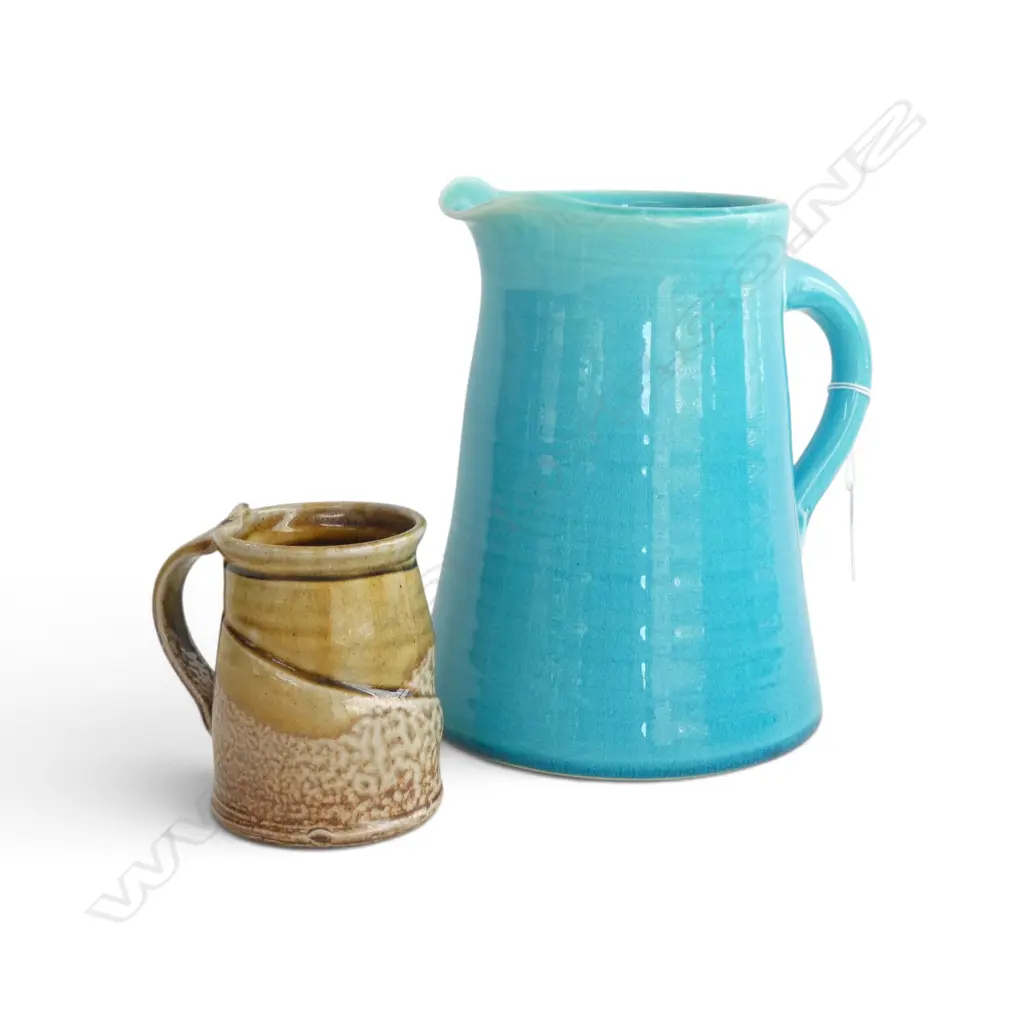 TONY SLY BLUE GLAZED STUDIO POTTERY JUG & OTHER POTTERY MUG Image 1++