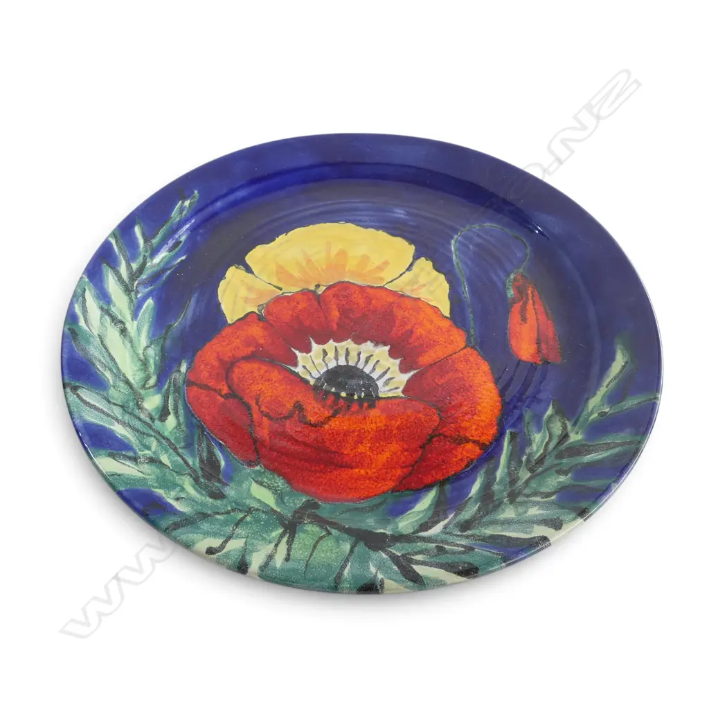 MORRIS & JAMES LGE POTTERY POPPIES PLATTER hand painted glaze on blue ground. Dia.475mm Image 1++