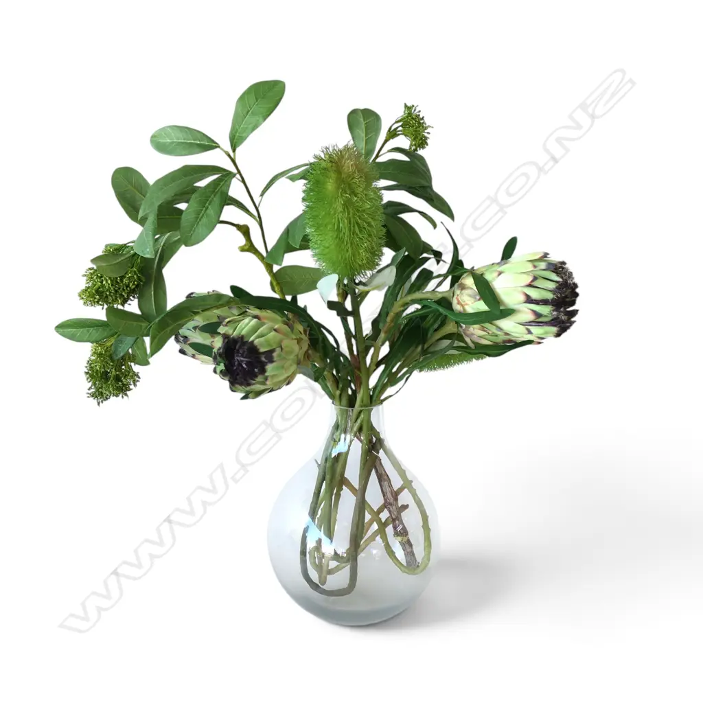 FAUX FOLIAGE WITH PROTEAS IN ROUND GLASS VASE, H.620MM Image 1++
