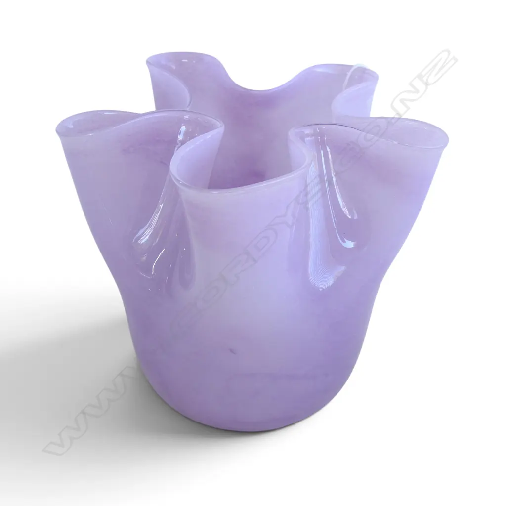 LIDDED GLASS VASE H. 430MM (A/F) AND PURPLE FLUTED HANDERCHIEF VASE H. 195MM & CRYSTAL DECANTER  Image 1++