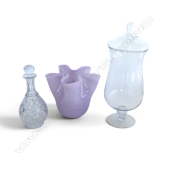 LIDDED GLASS VASE H. 430MM (A/F) AND PURPLE FLUTED HANDERCHIEF VASE H. 195MM & CRYSTAL DECANTER 
