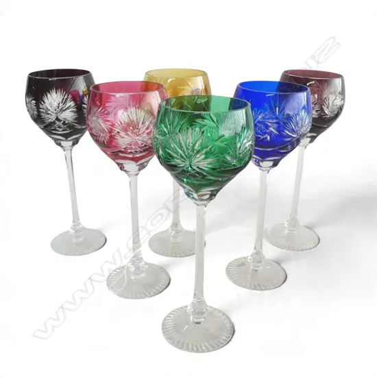 6 HARLEQUIN COLOURED CRYSTAL HOCK GLASSES H.225mm