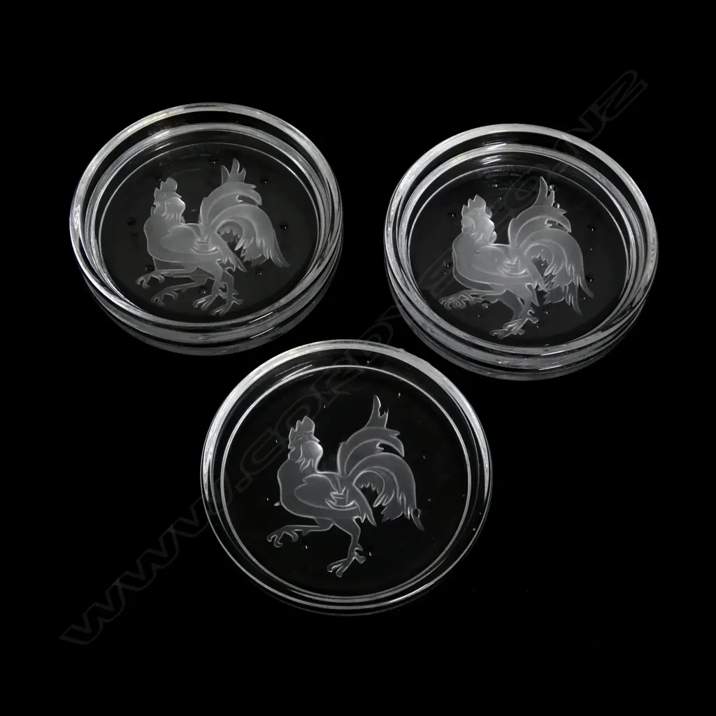 5 VAL ST LAMBERT PIN DISHES W. INTAGLIO ROOSTER DESIGN Dia.90mm Image 1++