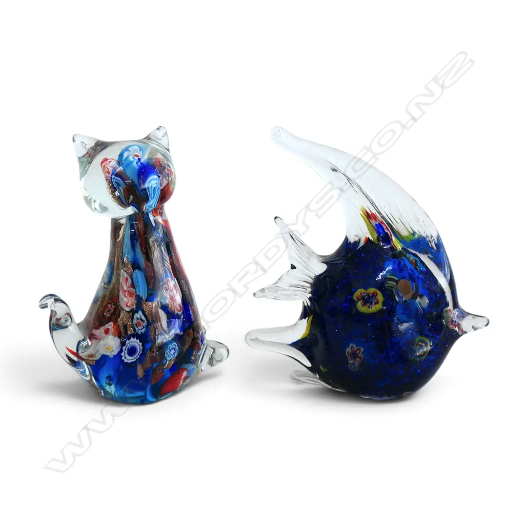 TWO MILLEFIORE GLASS PAPERWEIGHTS - CAT & FISH, H.110mm Image 1++