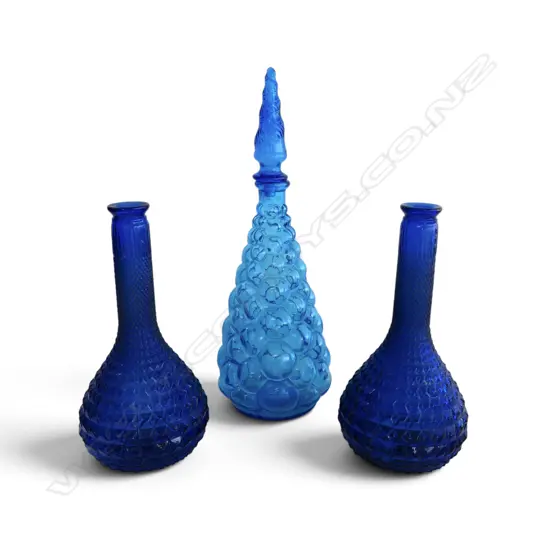 3 BLUE GLASS BOTTLES (PR + 1 w. NOT MATCHING STOPPER H.395mm