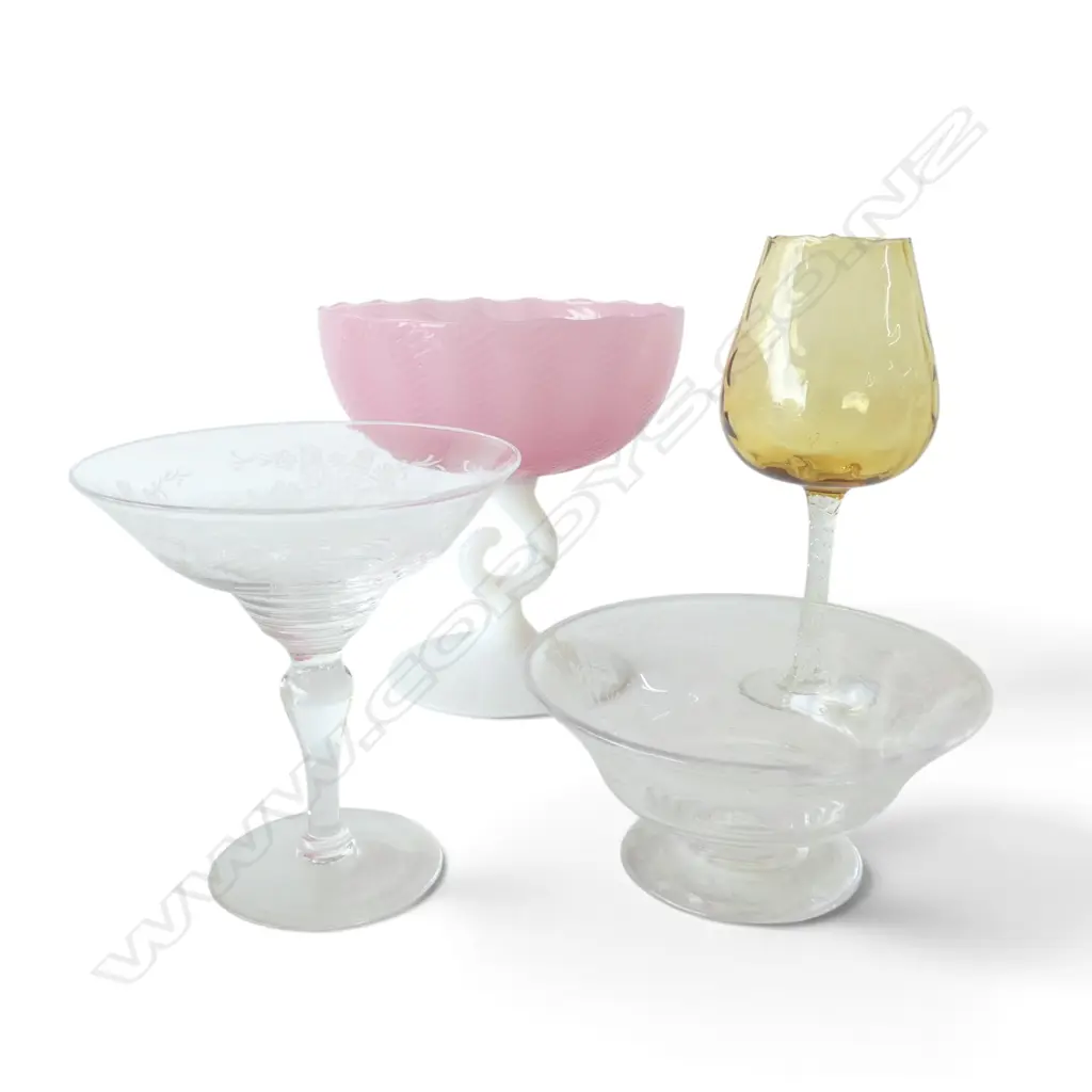 STUART CRYSTAL COMPORT  & STEMMED BOWL DIA170MM  PINK GLASS COMPORT H210 & AMBER GLASS GOBLET H250 Image 1++