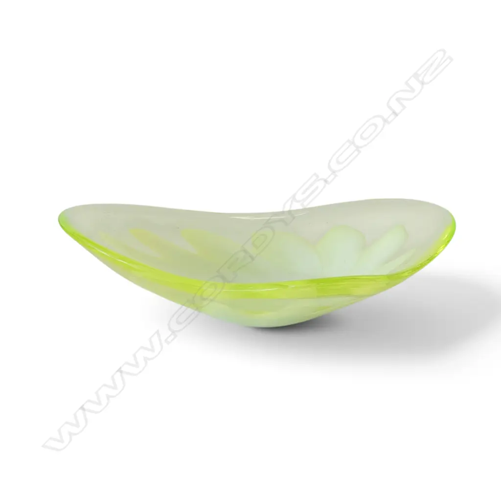 VINTAGE MURANO? LEAF FORM BOWL yellow green with creamy floral centre. Tiny chip flake to rim.L.295mm Image 1++