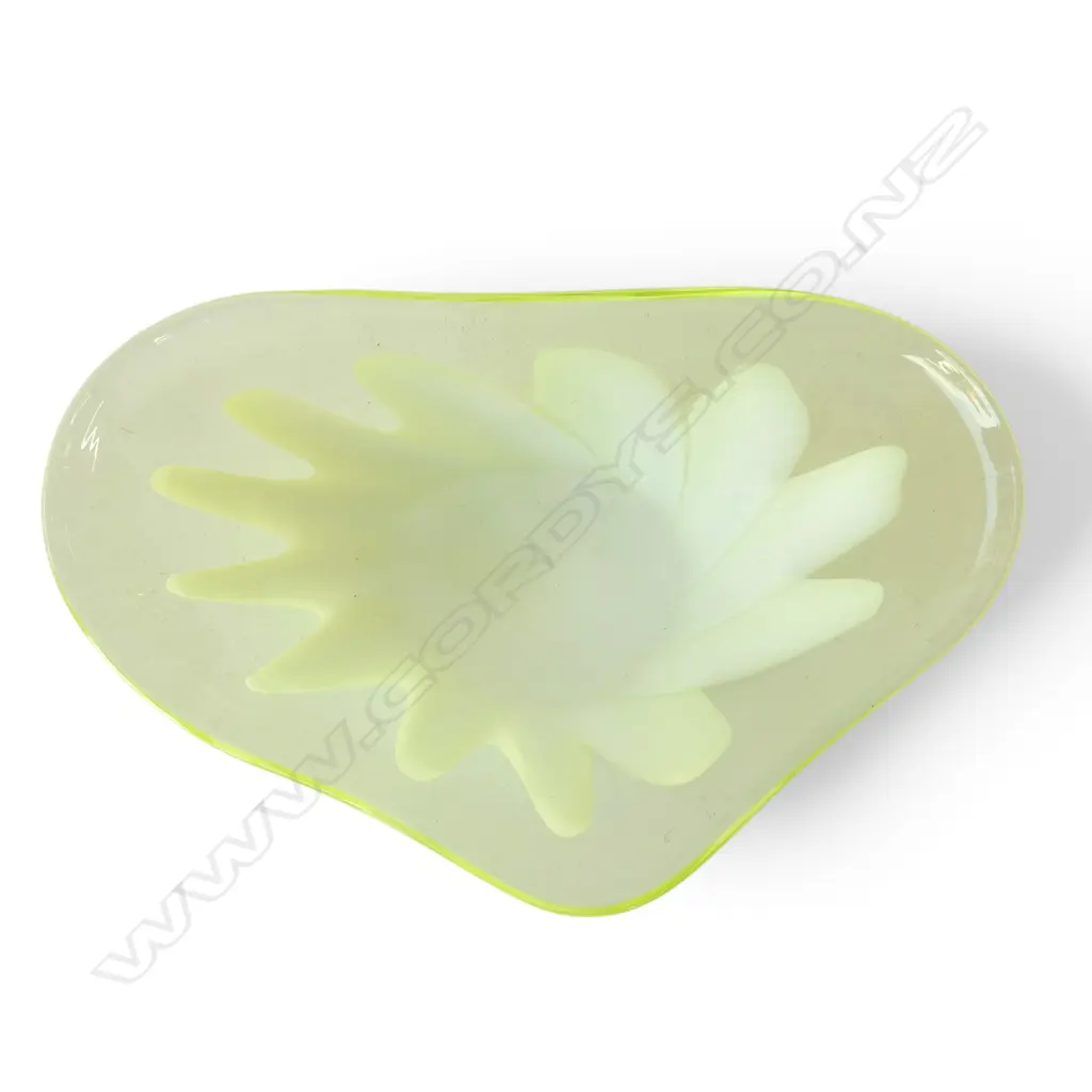 VINTAGE MURANO? LEAF FORM BOWL yellow green with creamy floral centre. Tiny chip flake to rim.L.295mm Image 1++