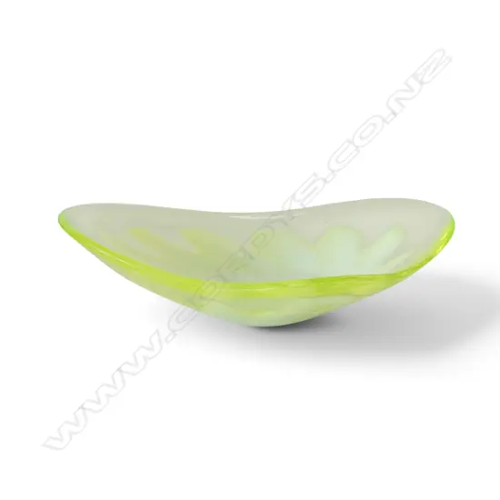 VINTAGE MURANO? LEAF FORM BOWL yellow green with creamy floral centre. Tiny chip flake to rim.L.295mm