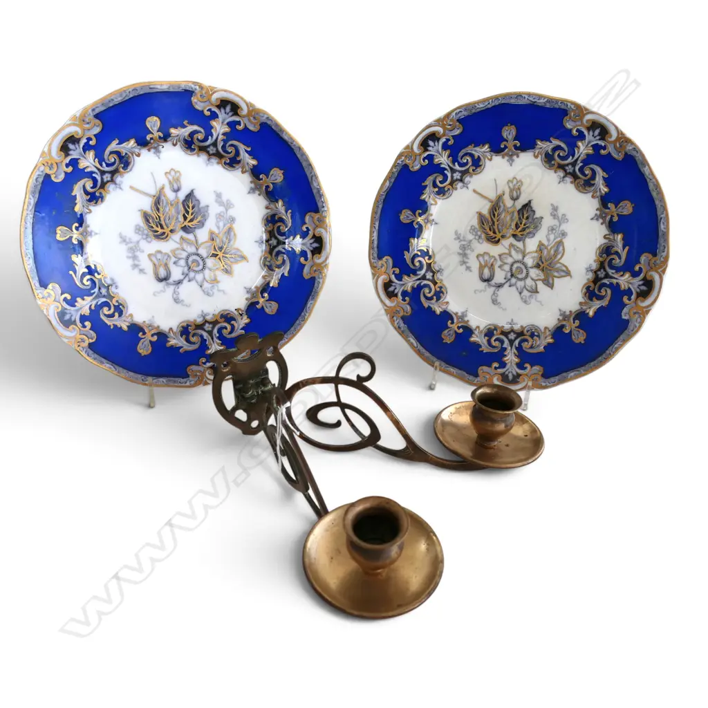 PR OF COBALT BLUE ANTIQUE PLATES & BRASS DOUBLE PIANO SCONCE Image 1++