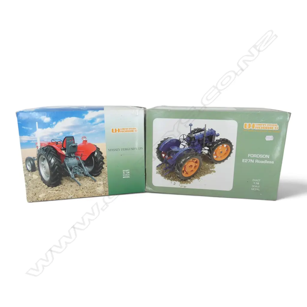 2 BOXED MODEL TRACTORS; FORDSON E27N ROADLESS & MASSEY FERGUSSON 135, 1:16 SCALE Image 1++