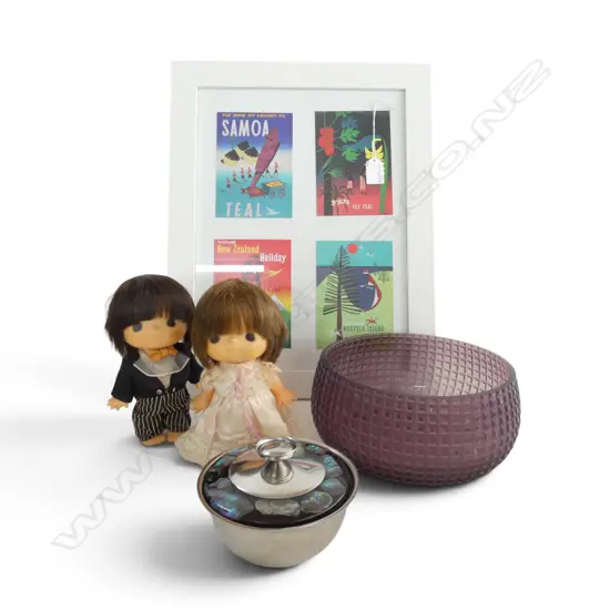 4 ITEMS; PURPLE GLASS BOWL 220mm dia, LIDDED CONTAINER w. PAUA, 2 DOLLS, TEAL PRINT 390x285mm