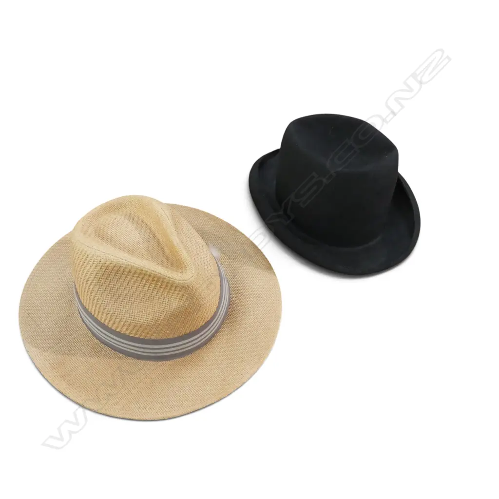 FELT BOWLER HAT IN PLASTIC STRING BAG AND KOORINGAL MENS HAT WITH QUAIL FEATHER Image 1++
