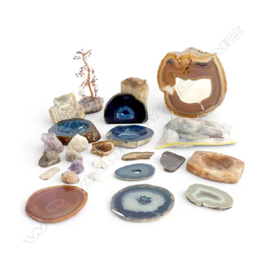 BOX OF ROCK CRYSTAL SPECIMANS (MAINLY CROSS SECTIONS) AND QUARTZ TREE