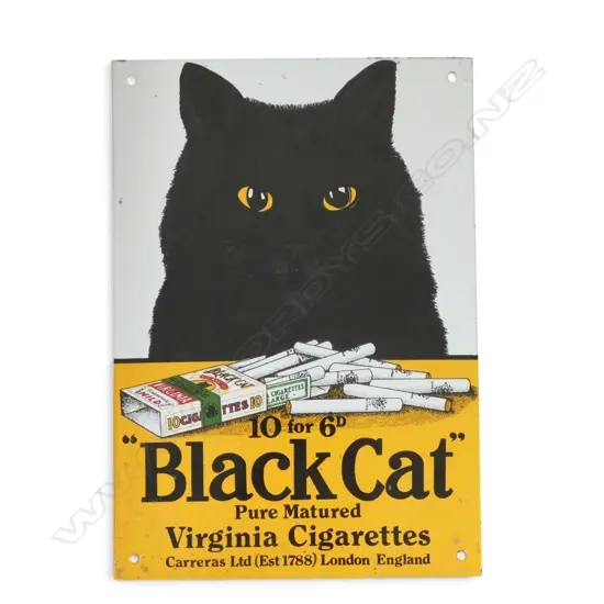 VINTAGE PORCELAIN ENAMEL SIGN ‘BLACK CAT VIRGINIA CIGARETTES’ GARNIER LONDON C.1970’s, L.318mm W.222mm