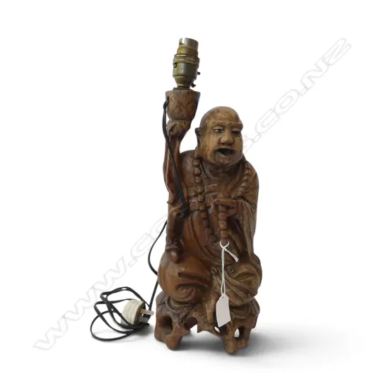 CHINESE HARDWOOD CARVED SAGE FIGURE TABLE LAMP H380MM