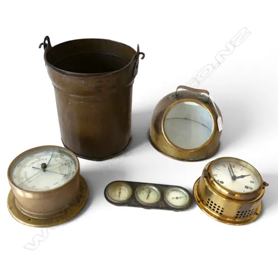 BINNACLE COVER, SHIPS CLOCK, ITALIAN BAROMETER, 3 DIALS, METAL BUCKET H.260mm