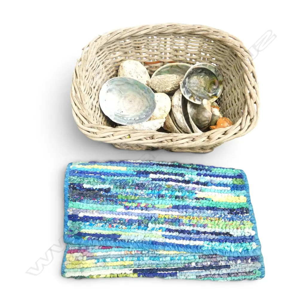 VINTAGE CANE BICYCLE BASKET W.390mm w. PAUA SHELLS & RAG RUG Image 1++
