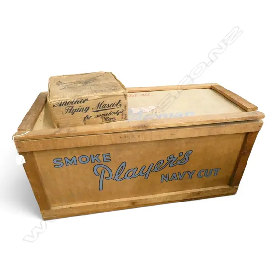 VINTAGE CRATE MADE FROM CIGARETTE ADVERTISEMENTS W.800mm, FLYING MASCOT BOX