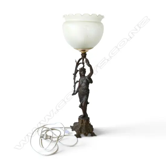 A CLASSICAL FIGURED TABLE LAMP WITH GLASS SHADE 710MM (H)