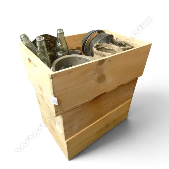 3 WINE CRATES W.545mm + PR BOOTS, 3 CODD BOTTLES, 2 PLAQUES 210mm dia ETC