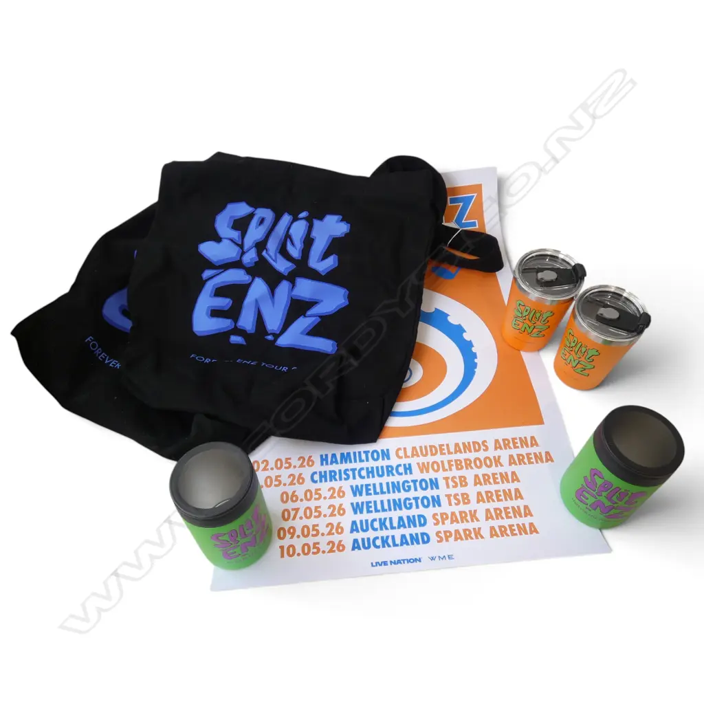 7 SPLIT ENZ ITEMS; 4 CUPS, 2 TOTE BAGS, POSTER Image 1++
