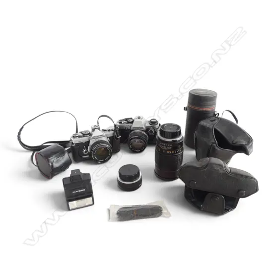 2 VINTAGE OLYMPUS CAMERAS, & TWO LENS - TOKINA & TELEPLUS