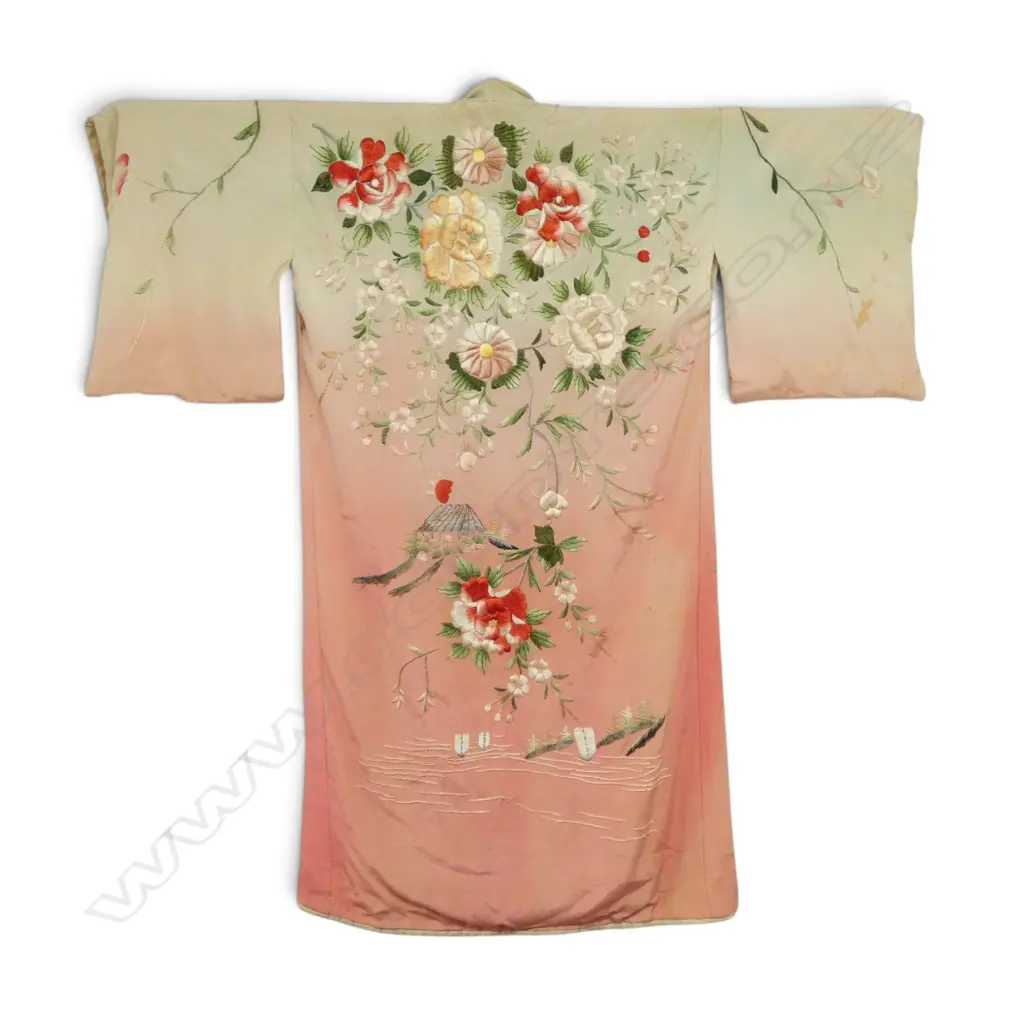 ANTIQUE COTTON SMOCK AND EMBROIDERED SILK KIMONO (some staining) Image 1++