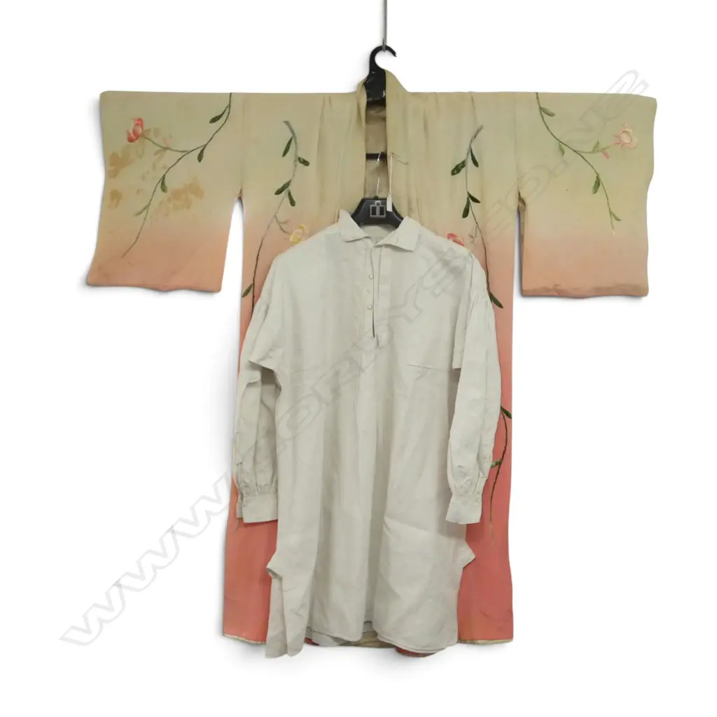 ANTIQUE COTTON SMOCK AND EMBROIDERED SILK KIMONO (some staining) Image 1++