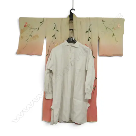 ANTIQUE COTTON SMOCK AND EMBROIDERED SILK KIMONO (some staining)