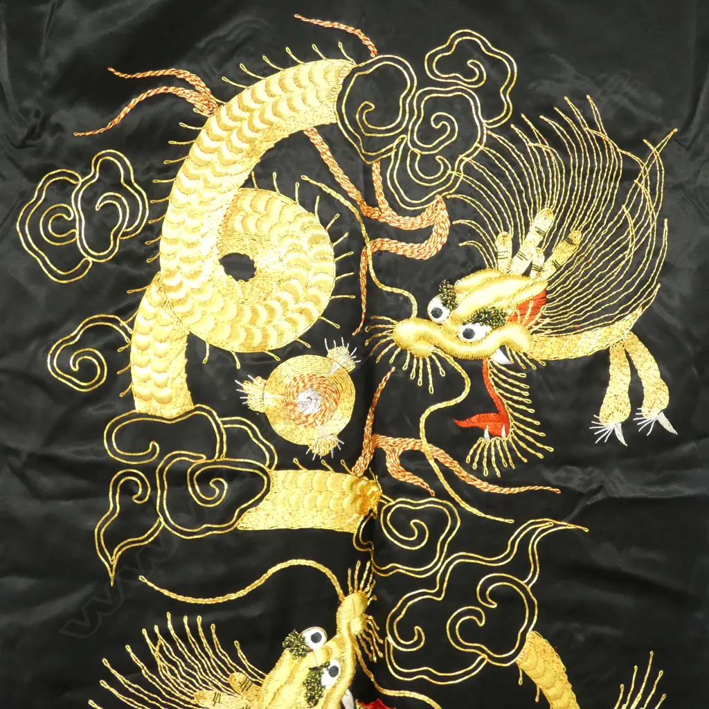 ORIENTAL BLACK SATIN ROBE EMBROIDERED w DRAGON, CAP/BELT Image 1++