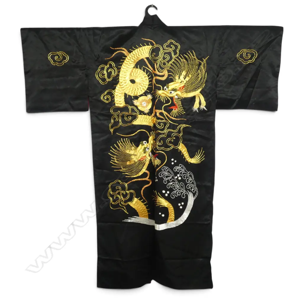 ORIENTAL BLACK SATIN ROBE EMBROIDERED w DRAGON, CAP/BELT Image 1++