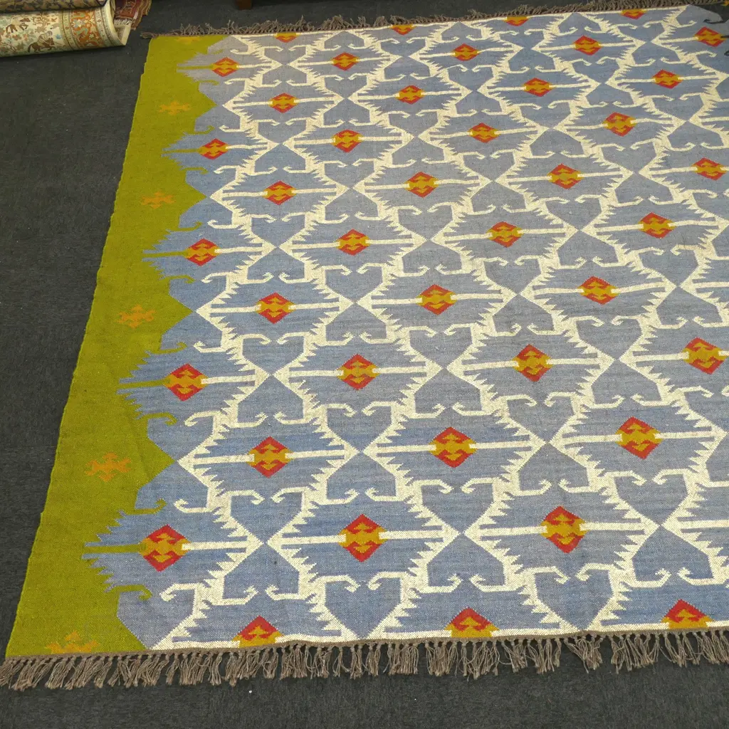 HANDMADE WOOL & JUTE KILIM RUG WITH TRIBAL GEOMETRIC PATTERN, 3200 X 3100 Image 1++